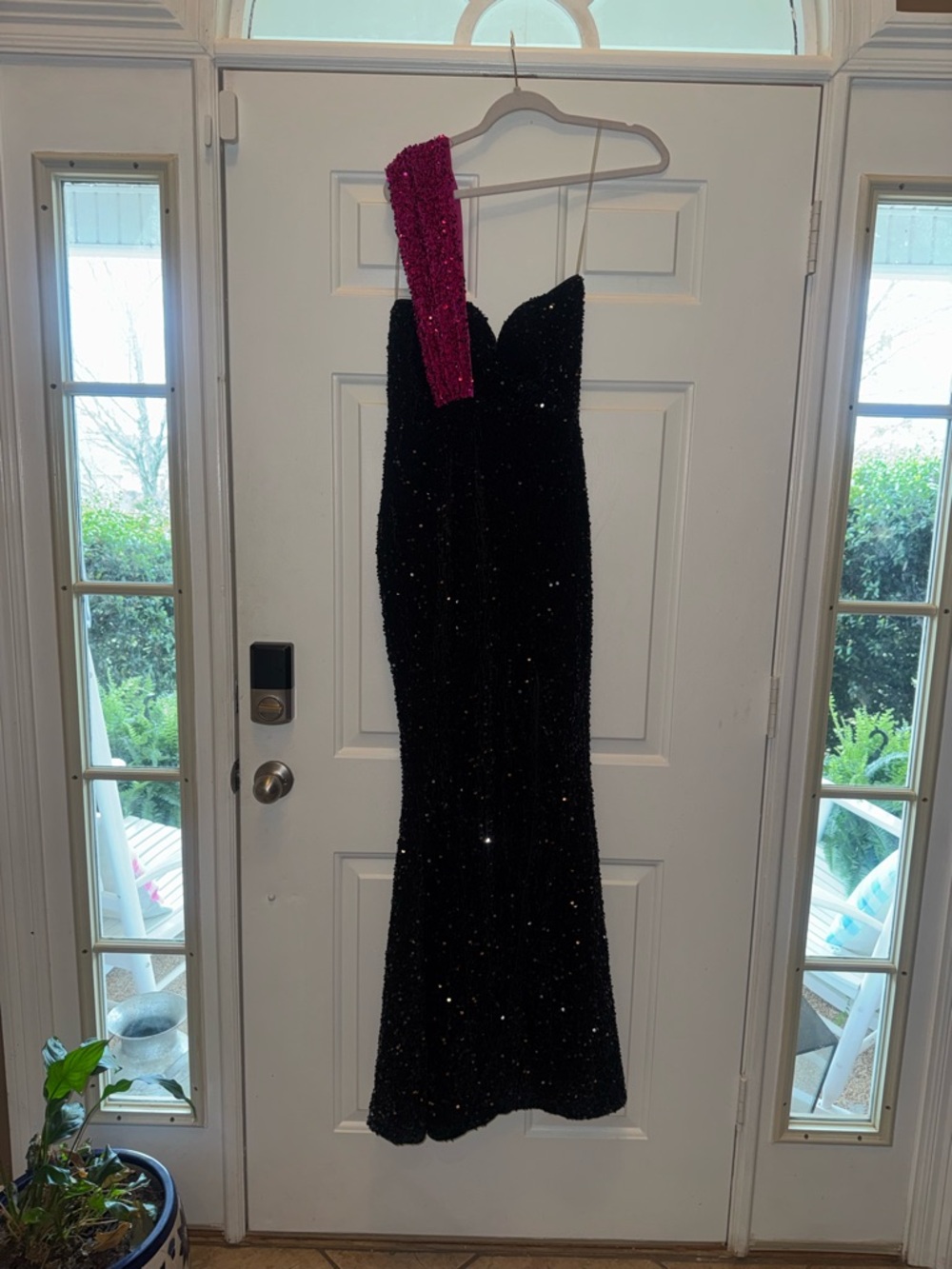 Black Sequin One-Shoulder Evening Gown with Pink Strap